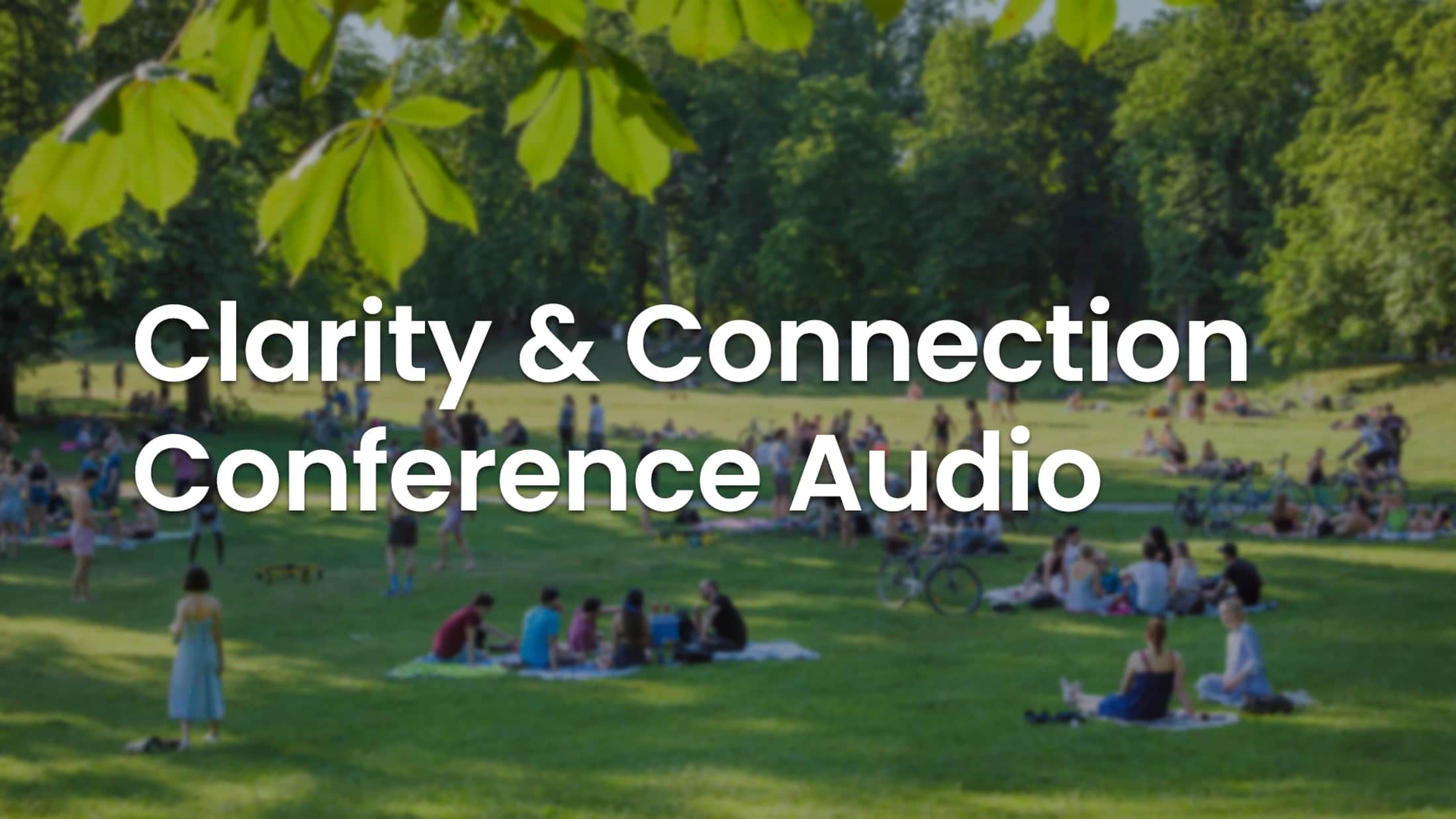 Text reading 'Clarity & Connection Conference Audio' over a blurry photo of people relaxing on a grassy lawn in a sunny park.